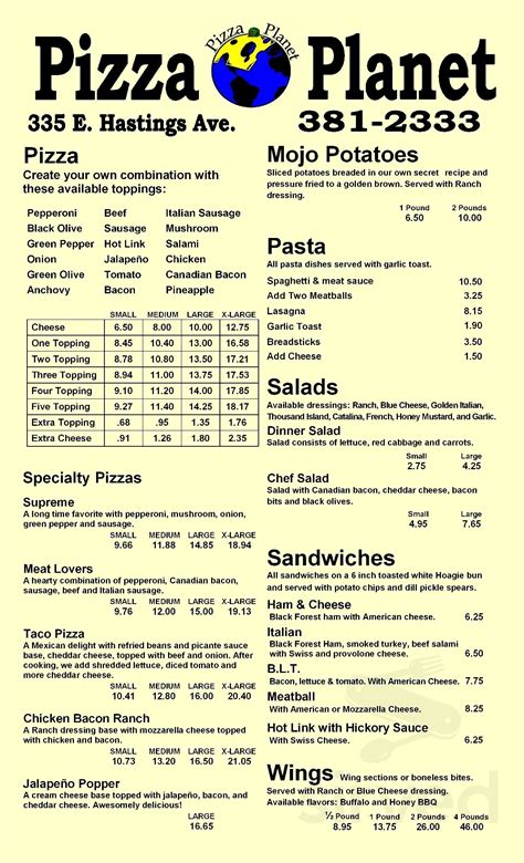 Pizza planet amarillo tx - Menu for Pizza Planet Pizza Cheese Pizza Would you like additional toppings? Pepperoni, Black Olive, Green Pepper, Onion, Green Olive. Small $6.50 Medium $8.00 Large $10.00 Extra Large $12.75 1 Topping Pizza ...